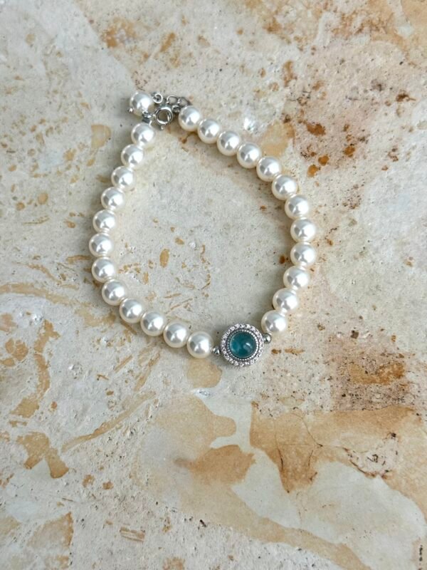 White Pearl Bracelet with Blue Gem & Diamond - Framed Clasp